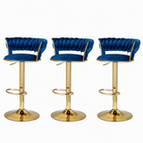 Artiss Bar Stools X3 Kitchen Counter Chair Gas Lift Velvet Woven Backrest Navy
