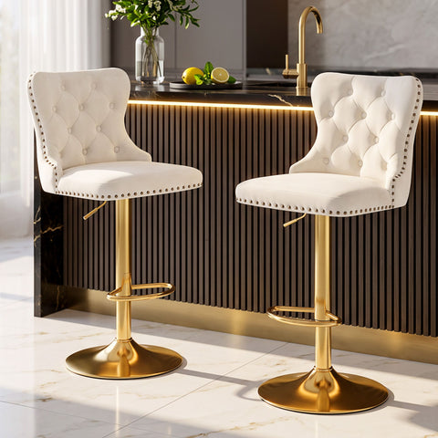 Artiss 2x Bar Stools Counter Chair Kitchen Adjustable Nailhead Trim Velvet Ivory