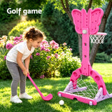 Keezi 3-in-1 Kids Basketball Hoop Soccer Goal Golf Game Set with Balls Pink