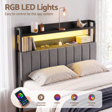 Artiss Double Headboard Charging Station Storage LED Light Grey Upholstered