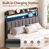 Artiss Double Headboard Charging Station Storage LED Light Grey Upholstered