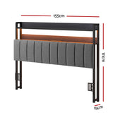Artiss Queen Headboard Charging Station Storage LED Light Grey Upholstered