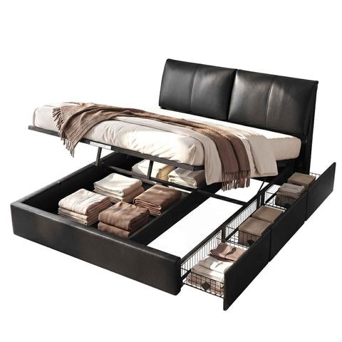 Artiss King Bed Frame Gas Lift Storage 3 Drawers Adjustable Headboard Platform Bed Black
