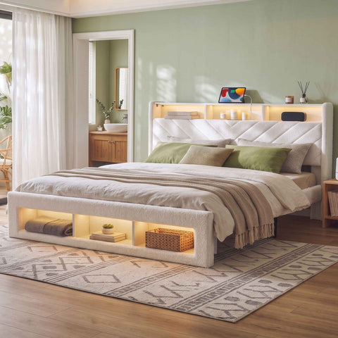 Artiss King Bed Frame with Storage, Charging Station & LED, White In Australia - Darrahopens