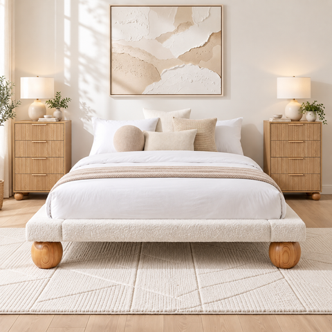 Artiss Queen Bed Frame and 2 Chest of Drawers Set, Boucle Upholstery Platform Bed In Australia - Darrahopens