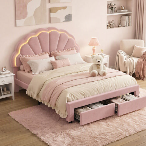 Artiss Double Bed Frame with 2 Storage Drawers Upholstered Velvet Platform Bed LED Headboard Pink