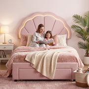 Artiss King Single Bed Frame with 1 Storage Drawers Upholstered Velvet Platform Bed LED Headboard Pink