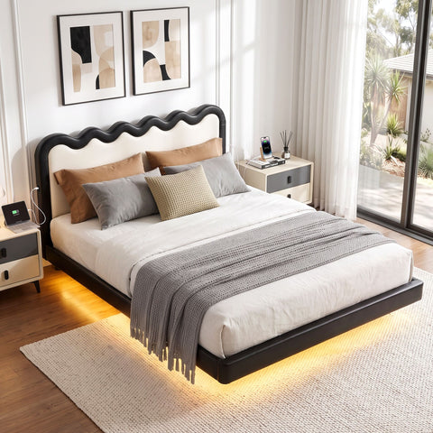 Artiss Double Bed Frame, Floating Design with RGB LED and USB Charging