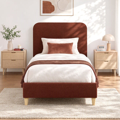 Artiss Single Bed Frame with Headboard, Faux Linen Fabric Brown