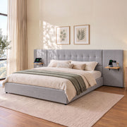 Artiss King Bed Frame with Wide Headboard, Floating Shelves and USB Grey In Australia - Darrahopens