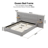Artiss Queen Bed Frame with Wide Headboard, Floating Shelves and USB Grey