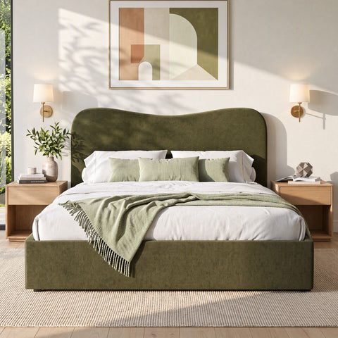 Artiss Queen Bed Frame with Storage Drawer, Chenille Curved Headboard