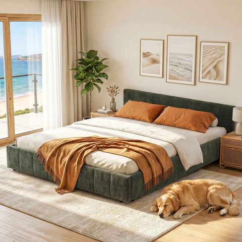 Artiss Double Bed Frame Chenille Heavy Duty Platform Base Green 300kg Support No Box Spring Needed In Australia - Darrahopens