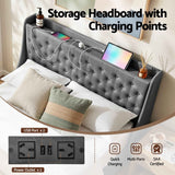 Artiss Double Bed Frame with 4 Storage Drawers and Charging Station Tufted Wingback Headboard 300kg Loads Charcoal Grey