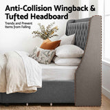 Artiss Double Bed Frame with 4 Storage Drawers and Charging Station Tufted Wingback Headboard 300kg Loads Charcoal Grey