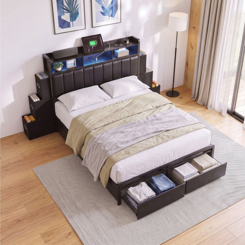 Artiss Double Bed Frame with Storage Headboard, 2 Drawers, Charging Station LED Light