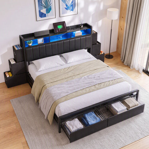 Artiss King Bed Frame with Storage Headboard, 2 Drawers, Charging Station & LED Light In Australia - Darrahopens