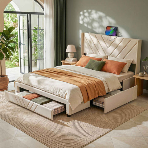 Artiss Double Bed Frame with Charging Station and Storage Drawers Beige 300KG Noise Free In Australia - Darrahopens