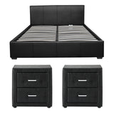 Artiss Gas Lift Queen Bed Frame and 2 Bedside Table Set Leather Black