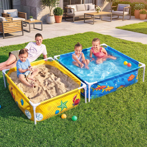 Bestway 2-in-1 Kids Pool and Sandpit Set 122cm/90cm Metal Frame Yellow Blue
