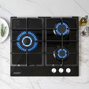 Devanti 59cm Gas Cooktop 3 Burner Knob Control Glass Hob Cast Iron Black In Australia - Darrahopens