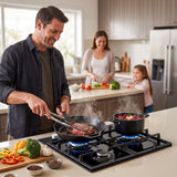 Devanti 59cm Gas Cooktop 3 Burner Knob Control Glass Hob Cast Iron Black