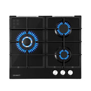 Devanti 59cm Gas Cooktop 3 Burner Knob Control Glass Hob Cast Iron Black