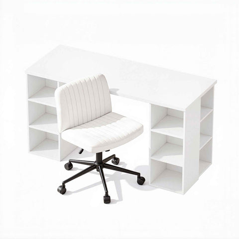 Artiss Office Desk & Chair Set 150cm Computer Desk with 6 Storage Shelves & Ergonomic Cross Legged Chair Armless Cross PU Leather Office Chair with Wheels In Australia - Darrahopens