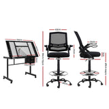 Artiss Drawing Table with Ergonomic Office Chair, Drafting Tables with Tempered Glass Desktop, Removable Drawers, Drafting Stool with Height Adjustable for Artwork Painting Studio