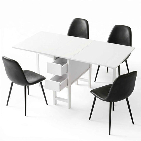 Artiss Dining Table and Chairs Set 5pcs Foldable with 2 Drawers Black and White