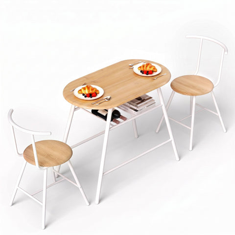 Artiss Oval Dining Table Set 3PC Space-Saving Bistro Kitchen Storage Wine Rack Natural White In Australia - Darrahopens