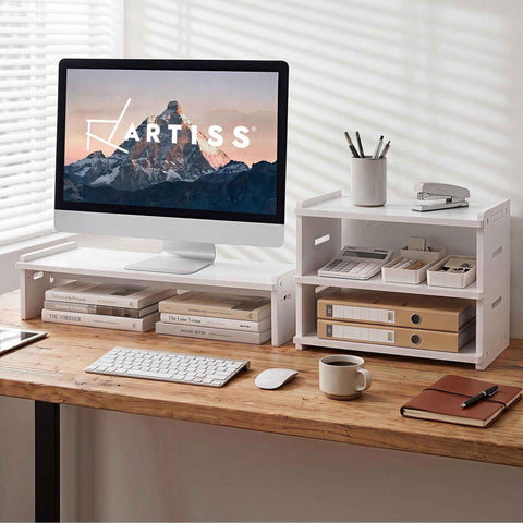 Artiss Monitor Stand and 3-Tier Desk Organiser 2-in-1 Modular Computer Monitor Riser PVC Desktop Shelf Holds 20kg for Office Students Gaming