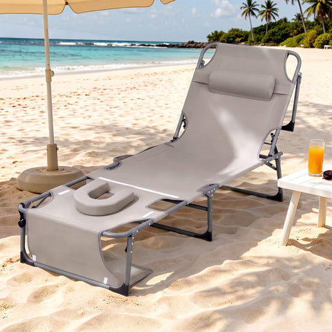 Gardeon Sun Lounger 5 Position Folding Tanning Chair with Face Hole Khaki