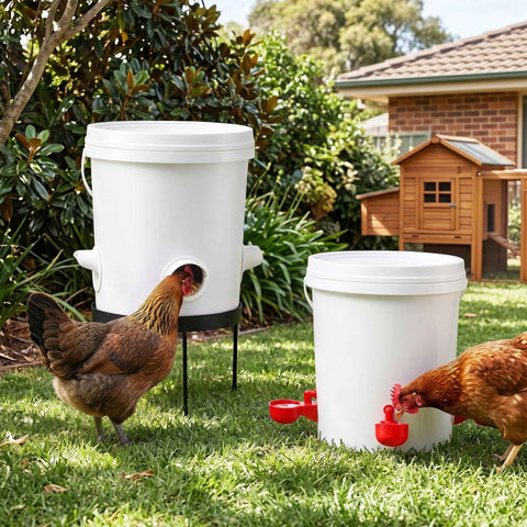 Giantz 20L X2 Chicken Feeder Waterer Set Automatic Poultry Dispenser Metal Stand In Australia - Darrahopens
