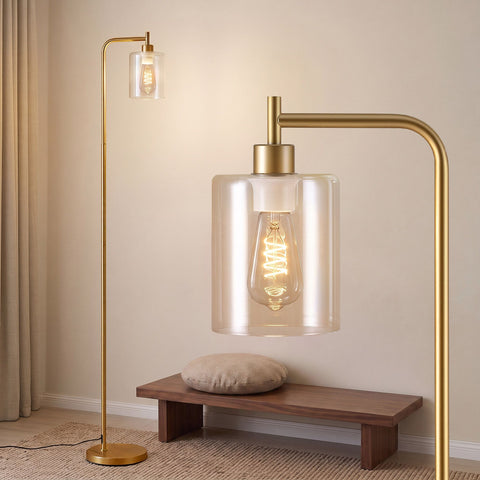Artiss Floor Lamp Modern Industrial Standing Light with Clear Glass Shade, GoldMetal Tall Lamp for Living Room, Bedroom & Office, Anti-Tipping Weighted Base & Foot Switch (Bulb Not Included)