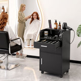 Artiss Professional Salon Station Rolling Cart, Hair Styling Beauty Cabinet with 2 Drawers & 2 Appliance Holders, Wood Barber Spa Trolley with 360° Wheels for Skincare & Vanity, Black