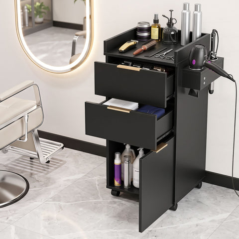 Artiss Professional Salon Station Rolling Cart, Hair Styling Beauty Cabinet with 2 Drawers, Large Supply Cabinet & 3 Appliance Holders, Wood Barber Spa Trolley with 360° Wheels for Skincare & Vanity, Black
