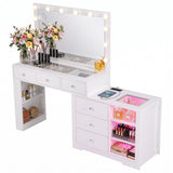 Artiss Dressing Table Mirror Charging Station Glass Top Makeup Vanity Desk RGB Cabinet Storage Drawers Hairdryer Holder White