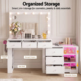Artiss Dressing Table Mirror Charging Station Glass Top Makeup Vanity Desk RGB Cabinet Storage Drawers Hairdryer Holder White