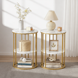 Artiss Side Table Set of 2 Marble Effect Round Coffee Table 2 Tier End Bedside Table Nightstand White&Gold In Australia - Darrahopens