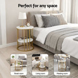 Artiss Side Table Set of 2 Marble Effect Round Coffee Table 2 Tier End Bedside Table Nightstand White&Gold