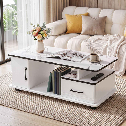 Artiss Coffee Table Marble Finish Center Table with Storage Drawer Cabinet Wood White In Australia - Darrahopens