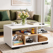 Artiss Coffee Table 90cm Center Table 3 Tier Open Storage Shelf Modern Living Room White & Wood