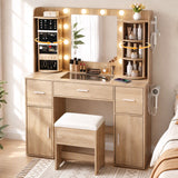 Artiss Dressing Table Vanity Desk LED Mirror Stool Set Charging Station Glass Top Rotating Shelf Wood In Australia - Darrahopens