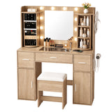 Artiss Dressing Table Vanity Desk LED Mirror Stool Set Charging Station Glass Top Rotating Shelf Wood In Australia - Darrahopens