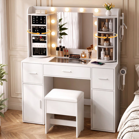 Artiss Dressing Table Vanity Desk LED Mirror Stool Set Charging Station Glass Top Rotating Shelf White In Australia - Darrahopens