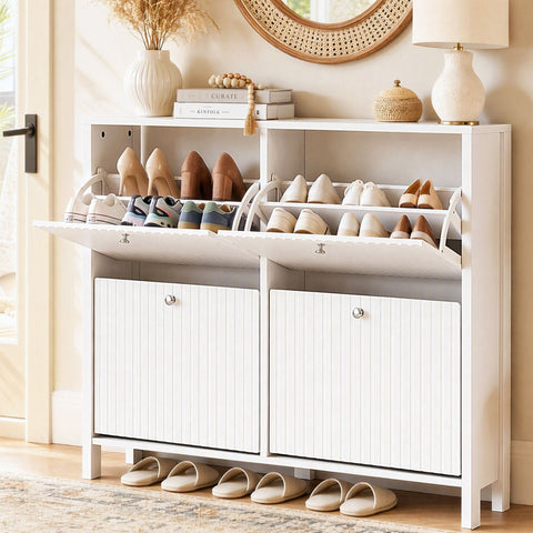 Artiss Shoe Cabinet 4 Flip Drawers Fluted Style Adjustable Shelves White