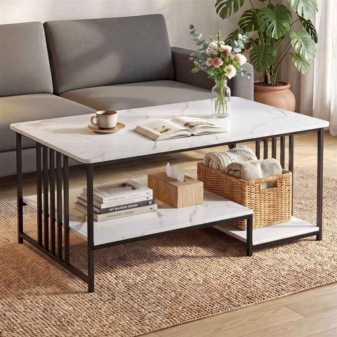 Artiss Coffee Table 100cm Faux Marble Finish Center Table 2-Tier Storage White&Black
