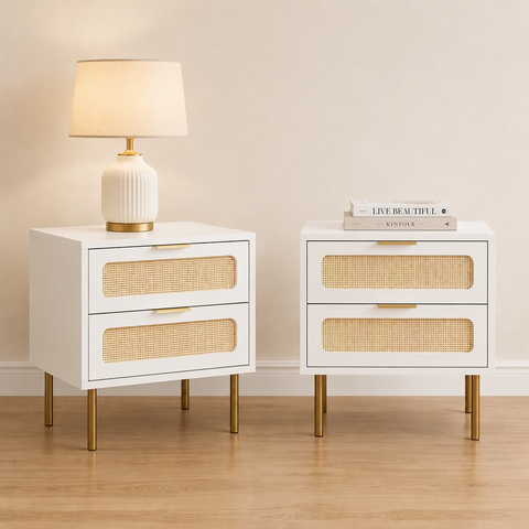 Artiss 2x Rattan Bedside Table 2 Drawers White