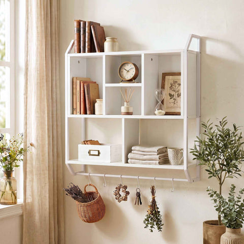 Artiss Floating Wall Shelf 6 Hooks Wall Mounted Storage Cubby Rack 73.5x74CM White In Australia - Darrahopens